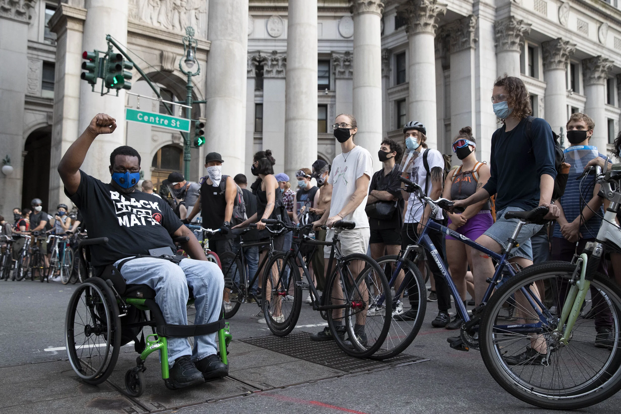  Protesters gather outside the Municipal building in Manhattan. The Bicycles became a popular way to blockade protesters.  