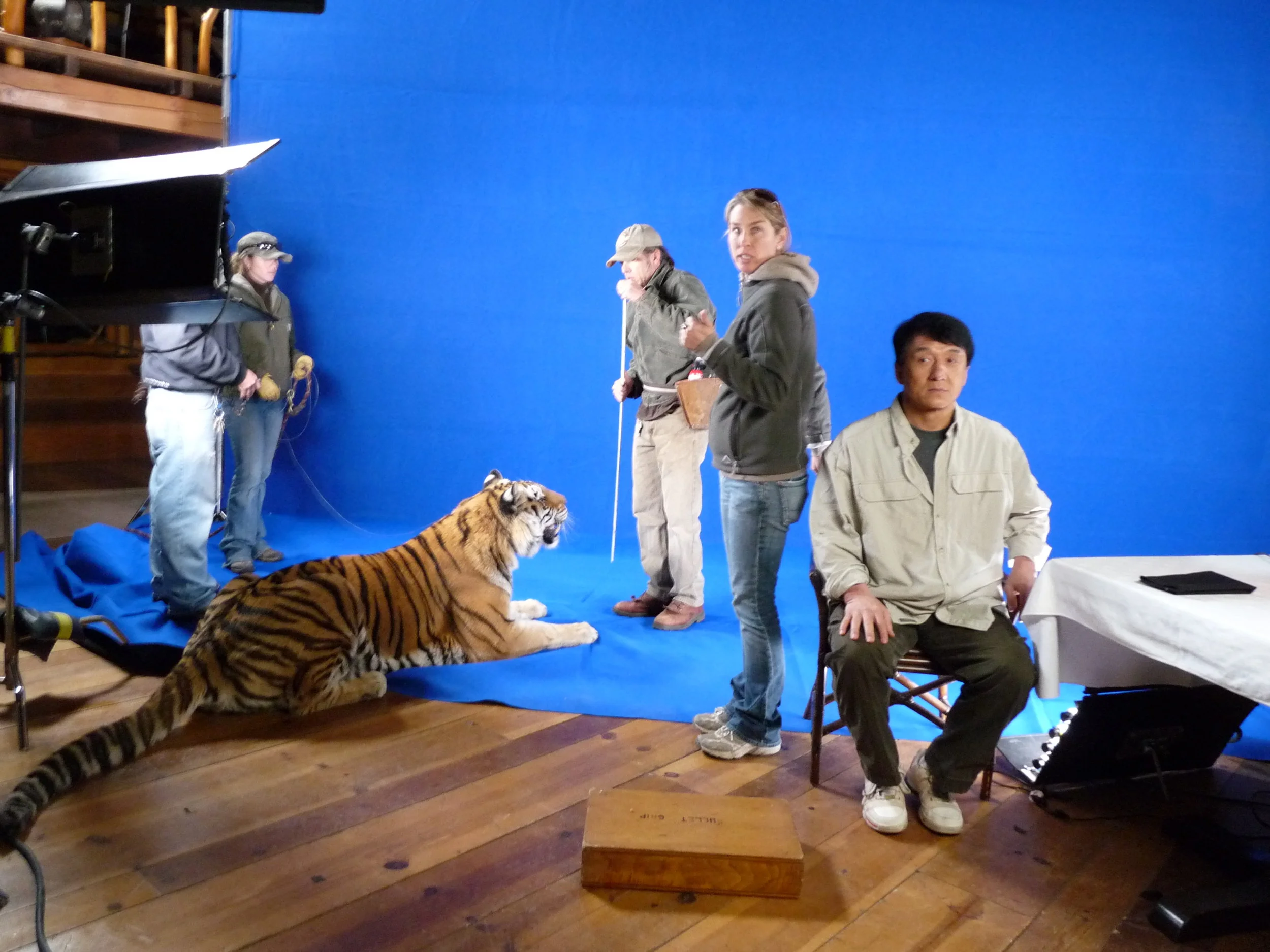 Jackie Chan not too sure about that tiger. Commercial.