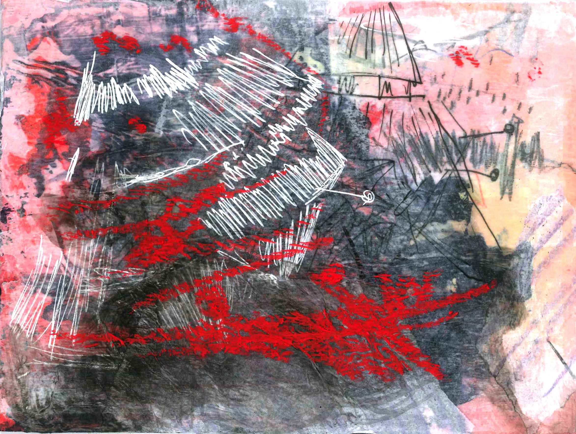 Leonardo. Watercolour, pencil, graphite, pen, crayon, monoprint, oil pastel and tissue paper on board. 2018.