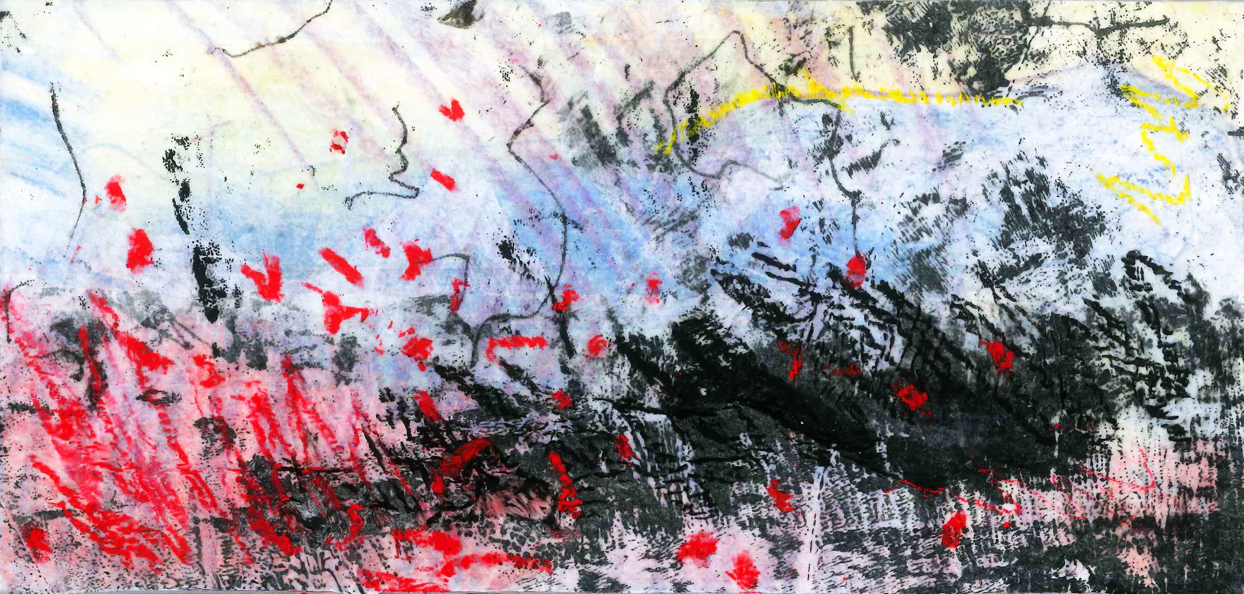 Rise. Watercolour, pencil, graphite, pen, crayon, monoprint, oil pastel and tissue paper on board. 2018.