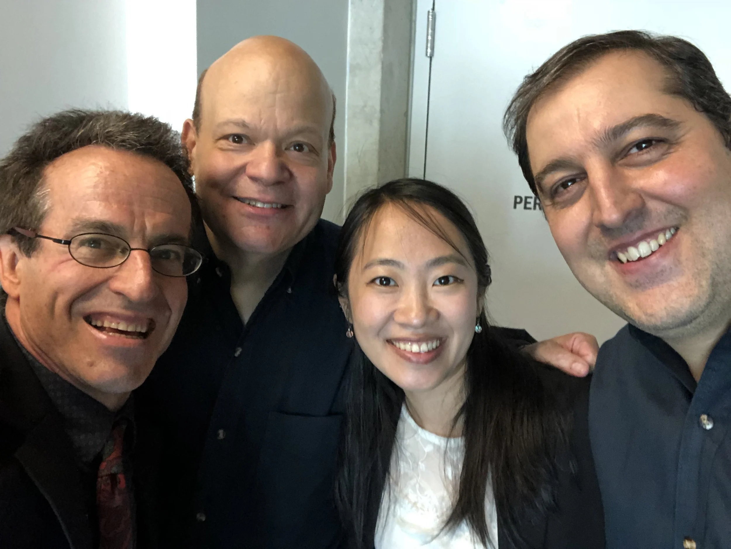 Bruce Stark, Don Lucas, Ling Leng and Joao Luis Areais in Iowa for the U.S. premiere of Suite for Two Tenor Trombones and Piano