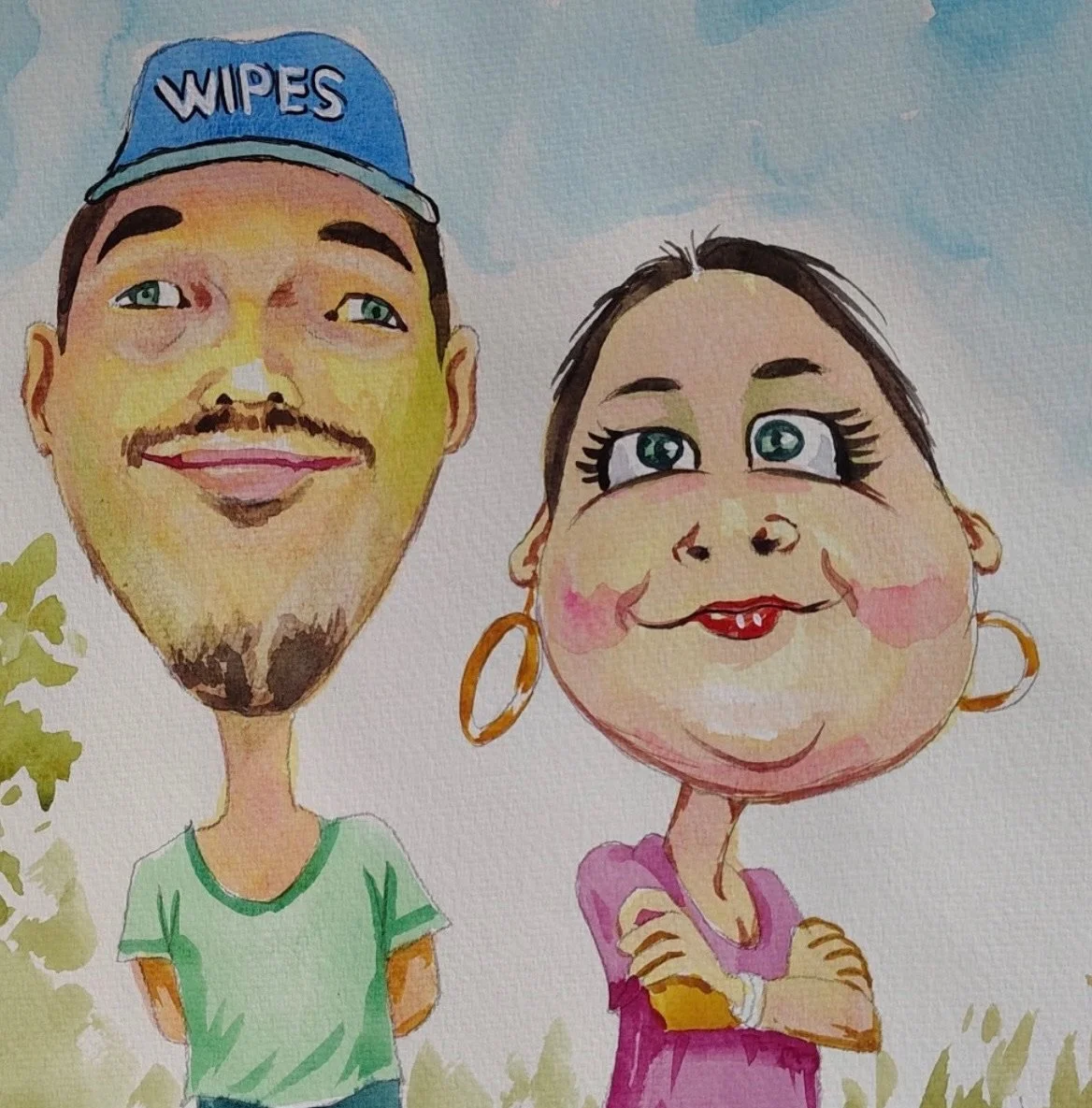 A color watercolor caricature of Oliver Weilein and Laura Bergus.