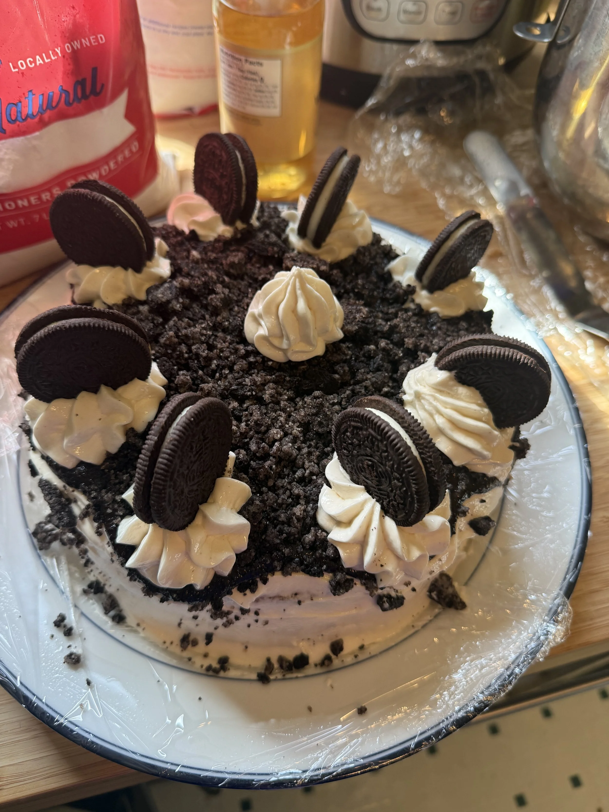 A vegan three-layer lava cake topped with Oreos.