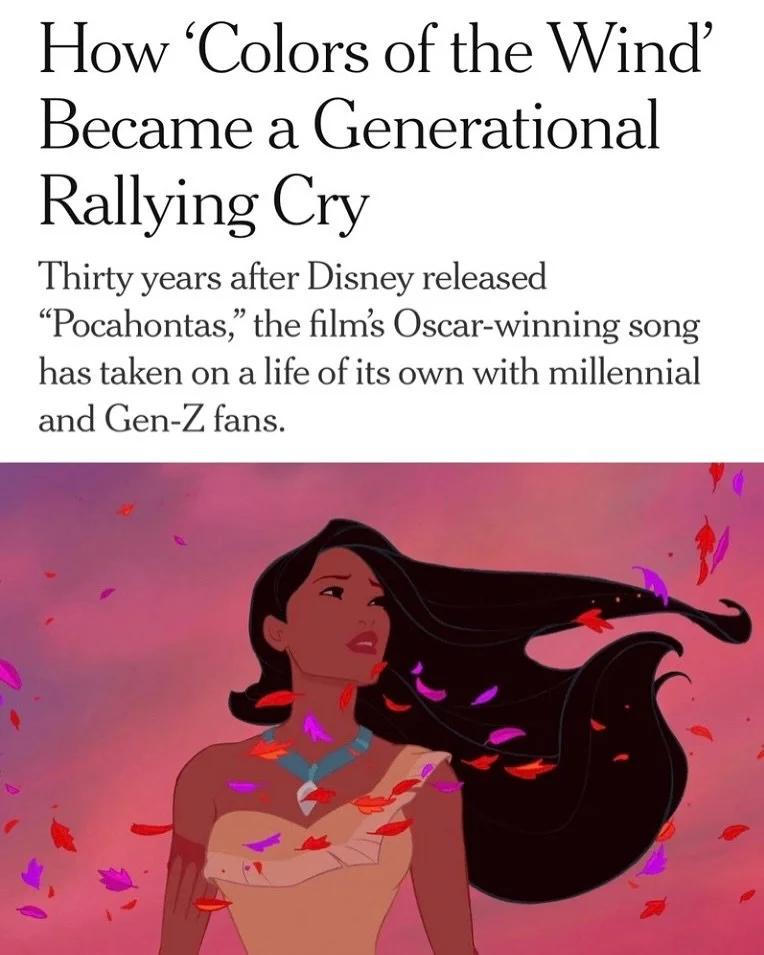 This month marks 30 years since Disney released &ldquo;Pocahontas.&rdquo; For The New York Times, I talked to &ldquo;Colors of the Wind&rdquo; composer Alan Menken, singers Judy Kuhn and Vanessa Williams, and Gen Z and millennial fans about why the s
