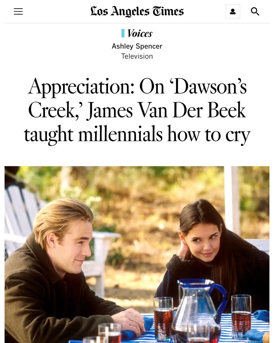 Wrote a little bit about the power of James Van Der Beek and &ldquo;Dawson&rsquo;s Creek&rdquo; for the @latimes. Link in bio for the full article ❤️&zwj;🩹