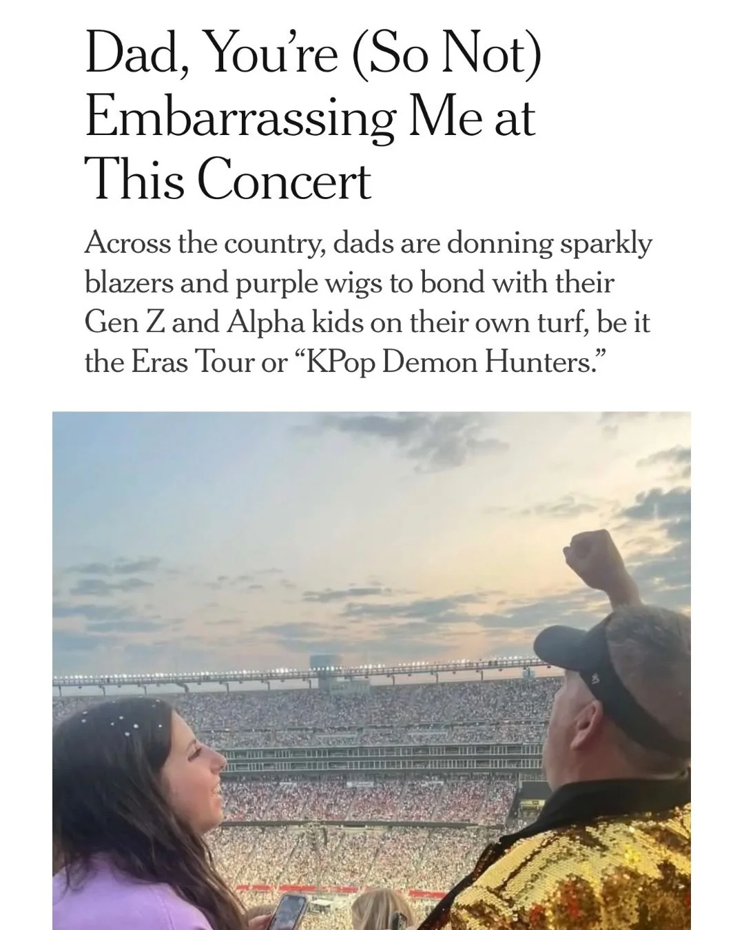 I spoke to a variety of dads about sharing pop music experiences with their kids, whether it&rsquo;s Taylor Swift, Olivia Rodrigo or Kpop Demon Hunters, for the @nytimes. Swipe for excerpts and link in stories for the full piece. You can also listen 