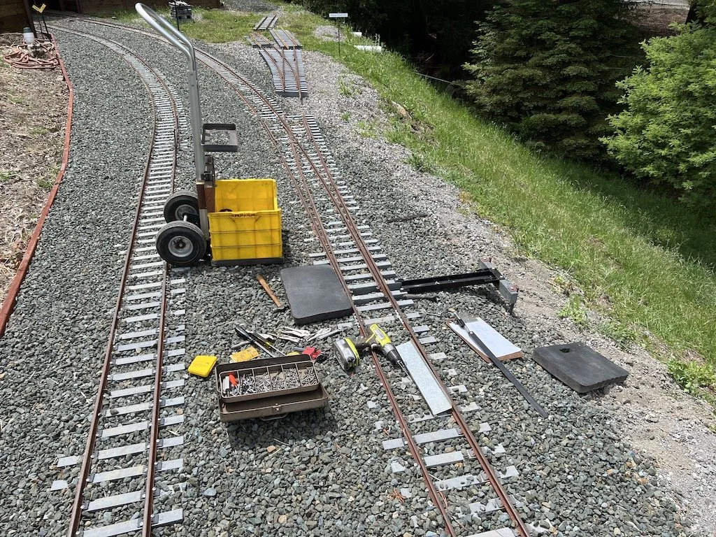 Tom and Carl worked on the switch stand that leads into the to-be-built Tunnel Yard