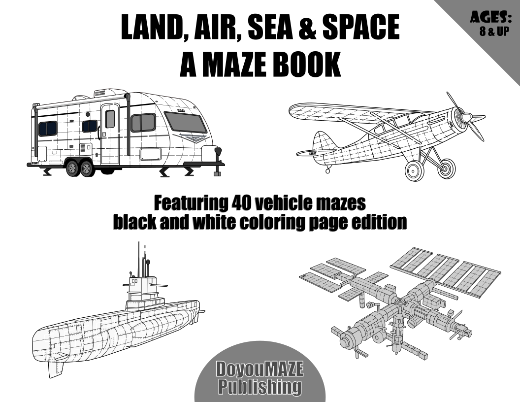 Air Land Sea Space Maze Book in black and white