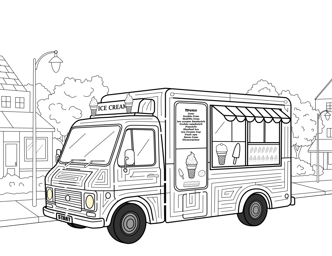 ice cream truck maze in black and white