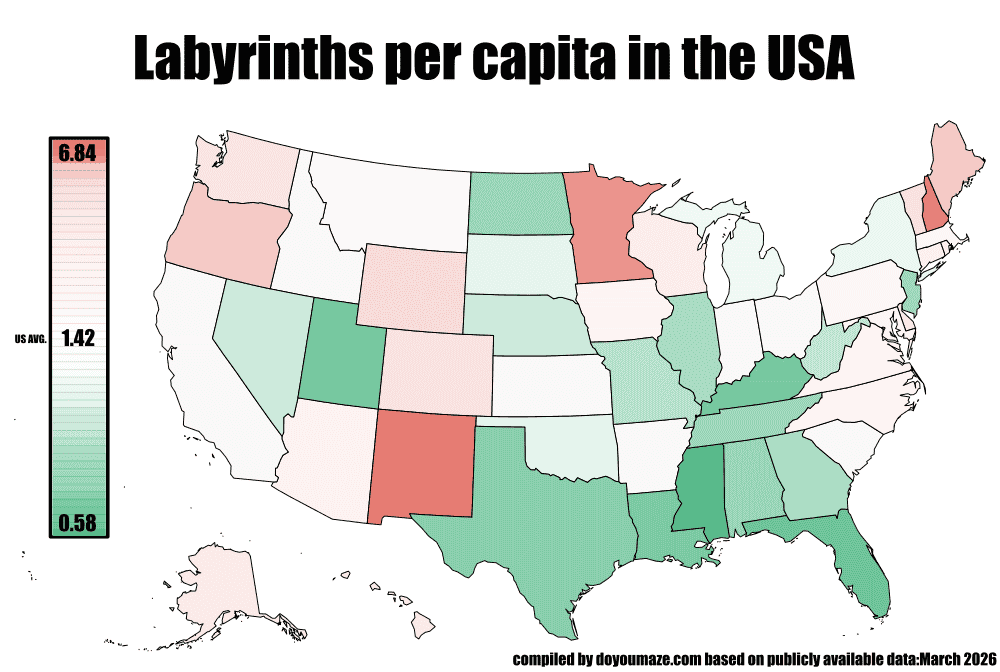 Labyrinths per capita US state map