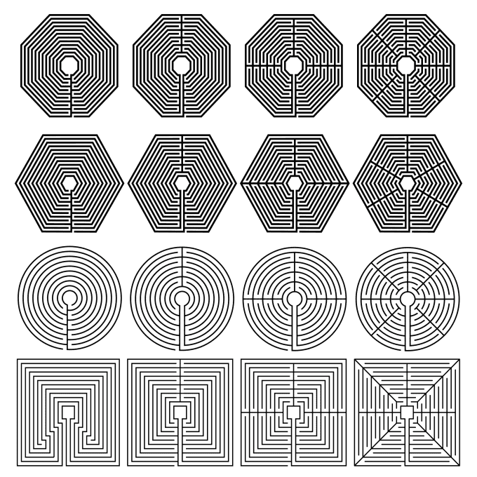Labyrinths built with different numbers of sections