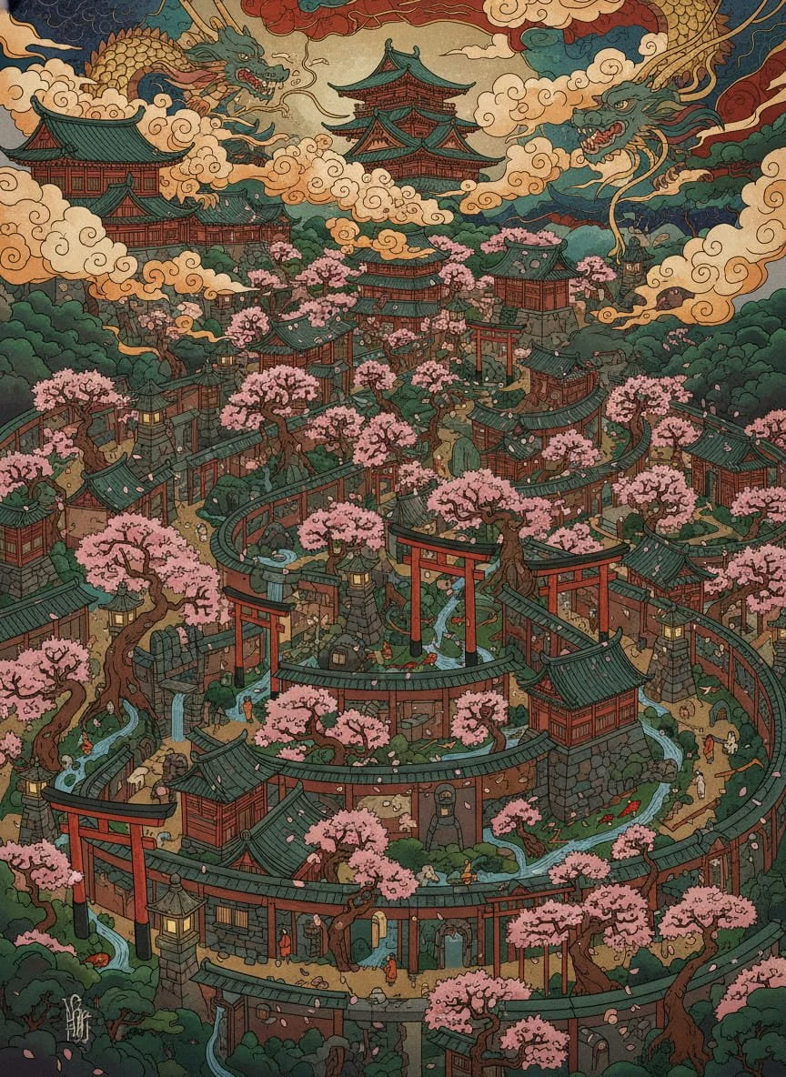 A Labyrinth in ancient Japan Victor Ngai style 2026
