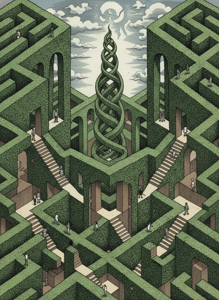 Hedge maze in the style of MC Escher 2026