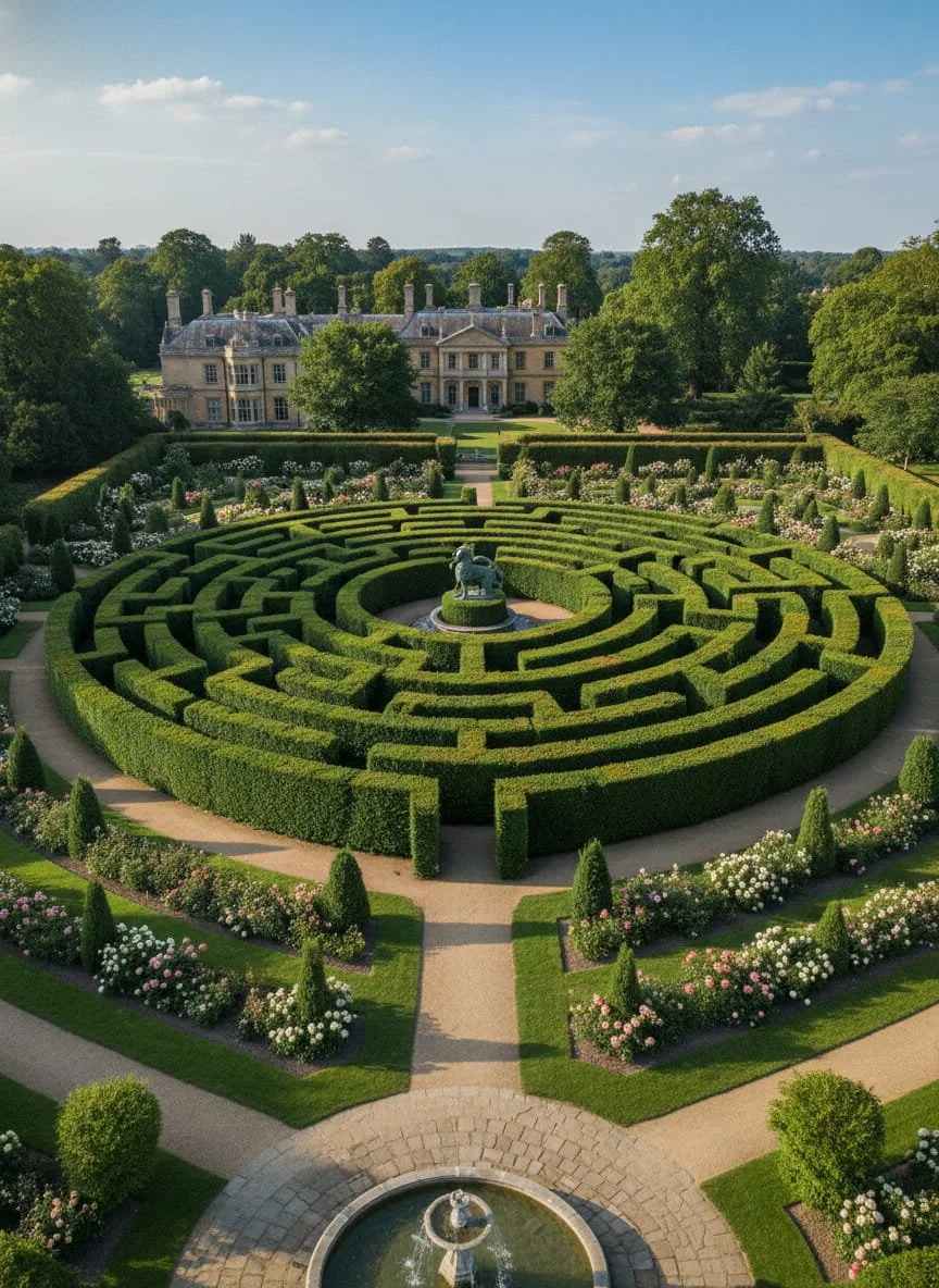 A 3D hedge maze shown from above in the garden 2026