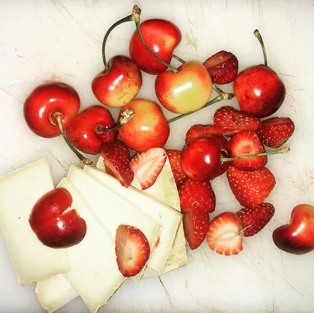 First strawberries from farm, Rainier cherries from eastern Washington, and the best goat cheese from Sagging Fence Farm. This was dessert. #eatlocalfood #goatcheese #southkitsapfarms