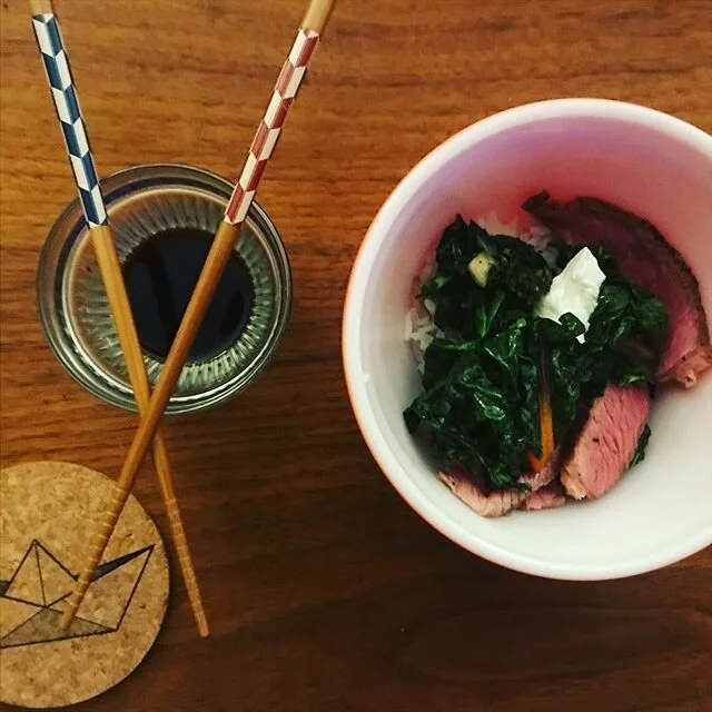 Collards, Cue ball squash, and green onion farm the farm with rice and ribeye steak from Farmer George Meats. #eatlocalfoods #southkitsap