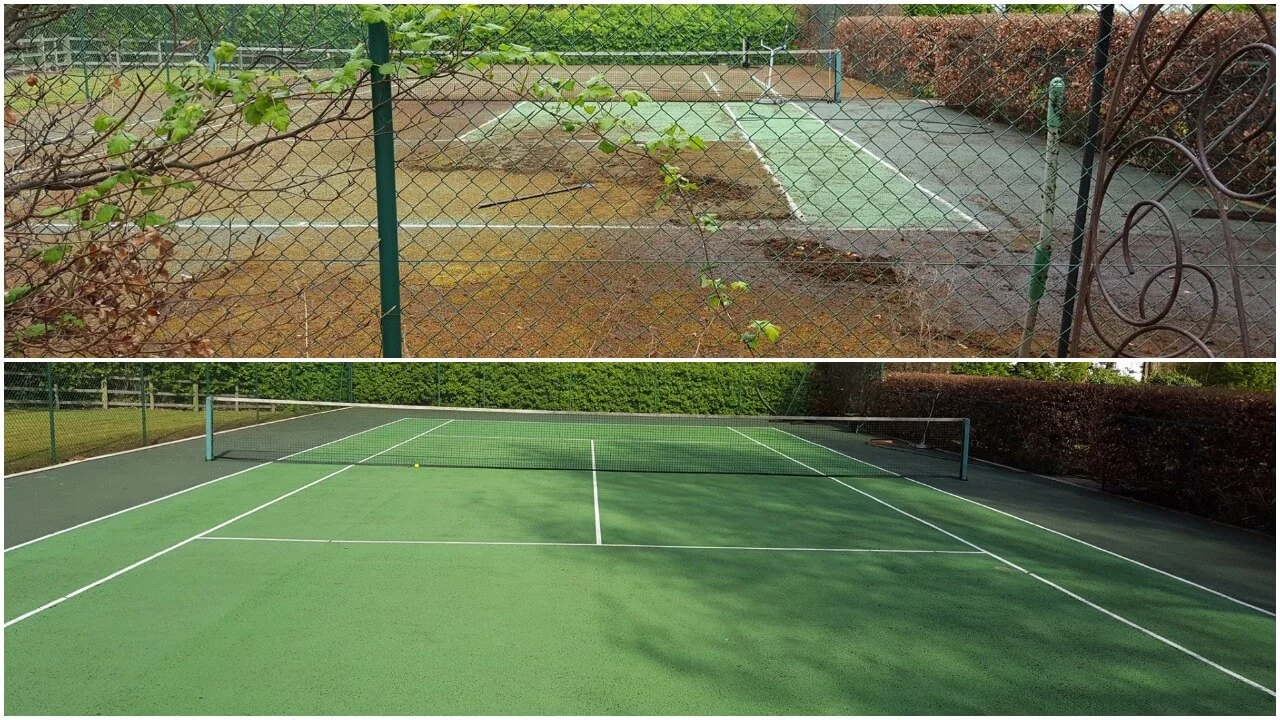 Tennis court moss removal in Doncaster DN5 (about 30 wheel barrows of moss removed) and jet washed with our flat surface cleaners. Hard work but the results speak for themselves.