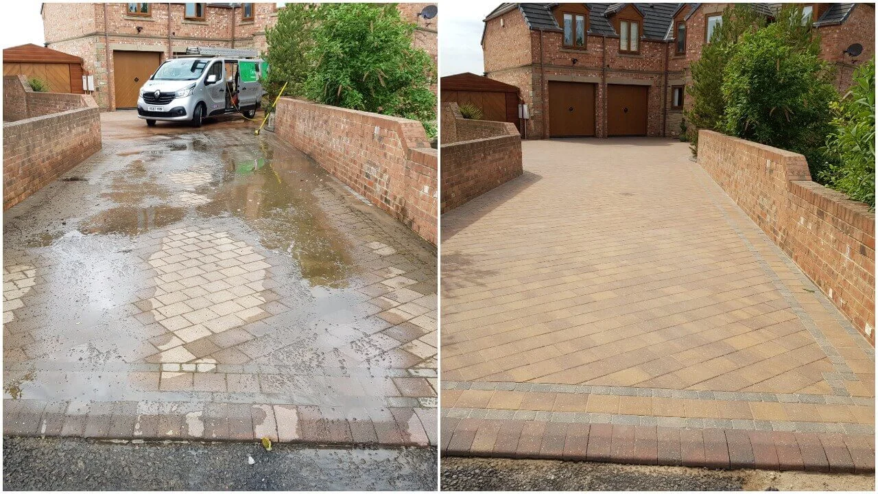 Block paving driveway power washed and re-sanded in Ackworth WF7 near Pontefract - May 2018.