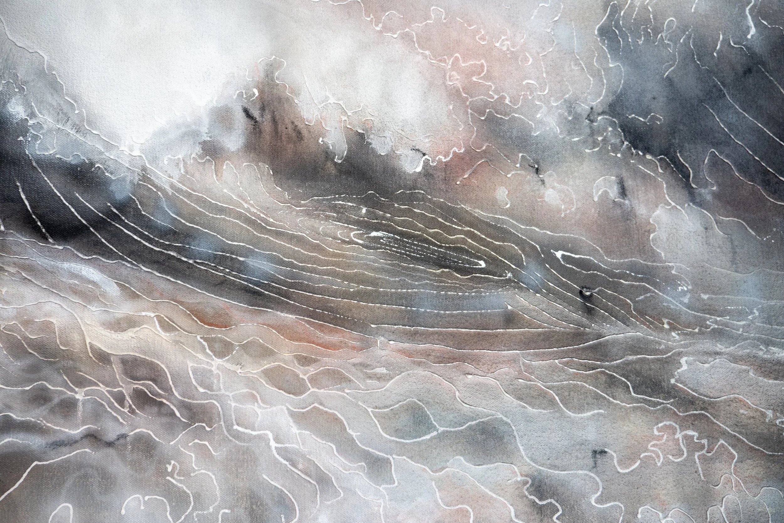 Detail of Calm Under the Waves, 2023 Acrylic, ink, charcoal, glitter, barnacles, rocks and shells on canvas 72 9/10 × 115 9/10 × 1 2/5 in