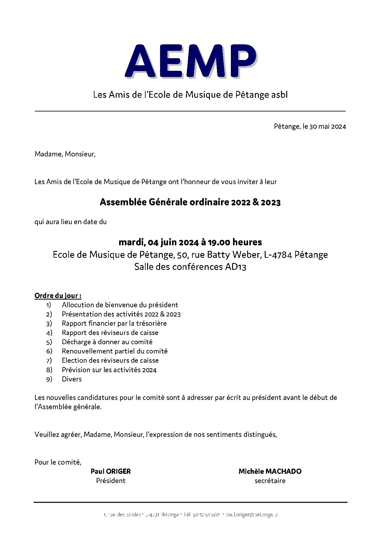 Generalversammlung "Les Amis de l'Ecole de Musique de Pétange" asbl