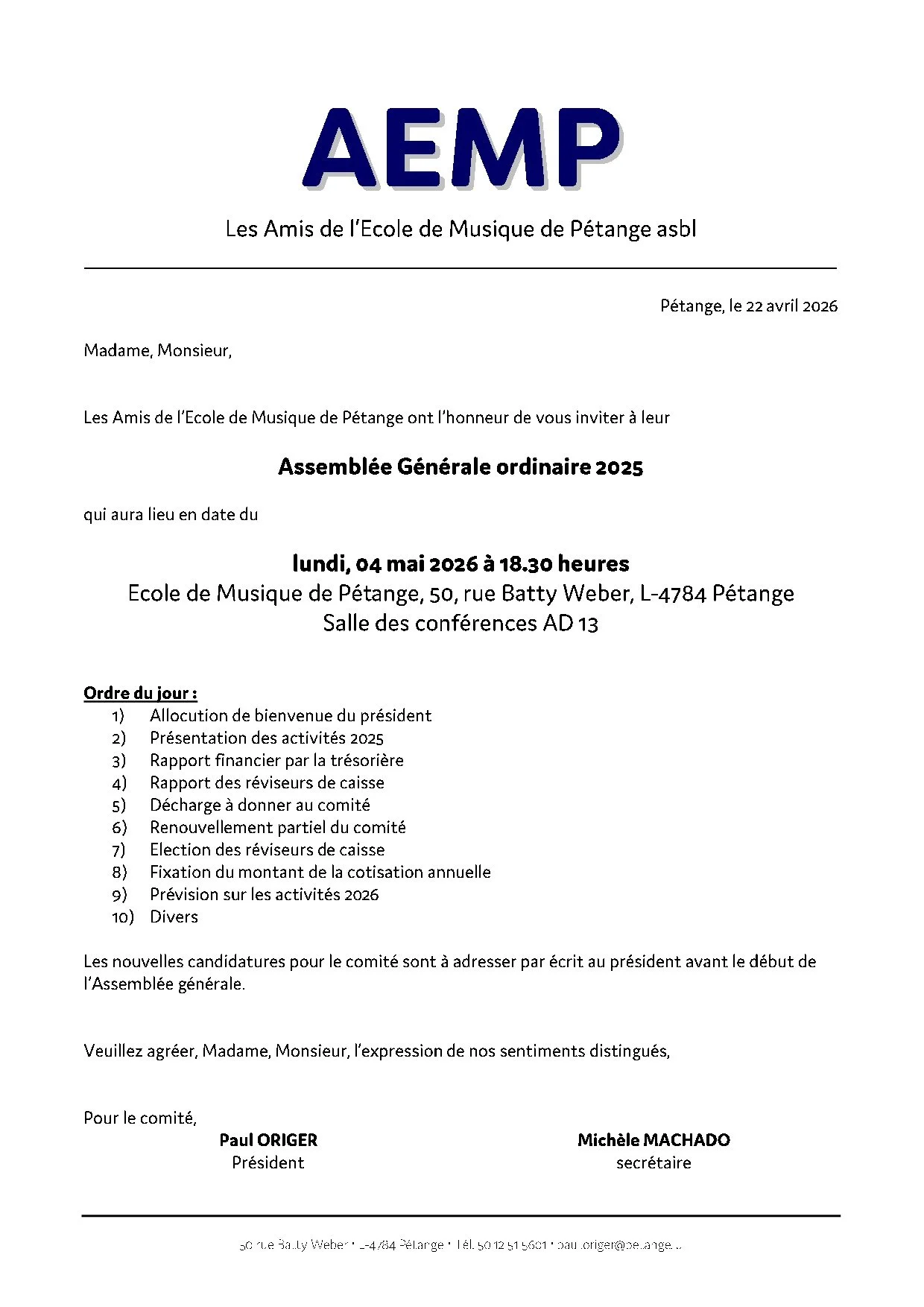 Generalversammlung “AEMP Amis de l’Ecole de Musique de Pétange - Frënn vun der Péitenger Museksschoul”