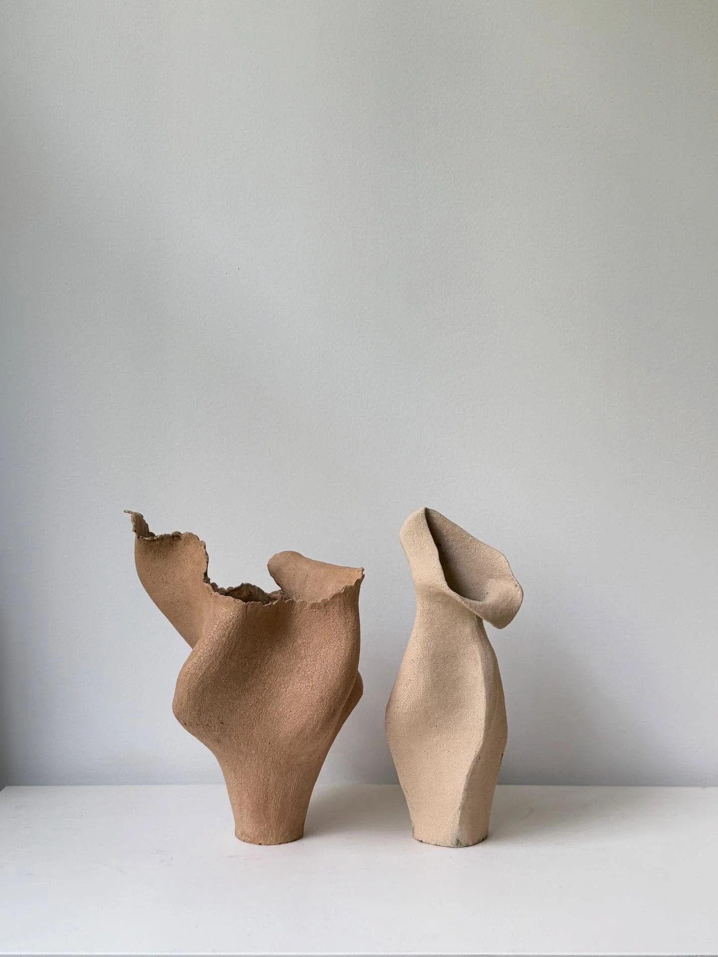 two forms 🤎 exploring themes of being open, loose, light vs closed, protective, guarded..x

#inthestudio #expressing #feelingsandemotions 

.
.
#inthestudio #sculpturalceramics #handbuilt #taniawhalenceramics
.
.

#handbuiltceramics 
#sculpturalvess