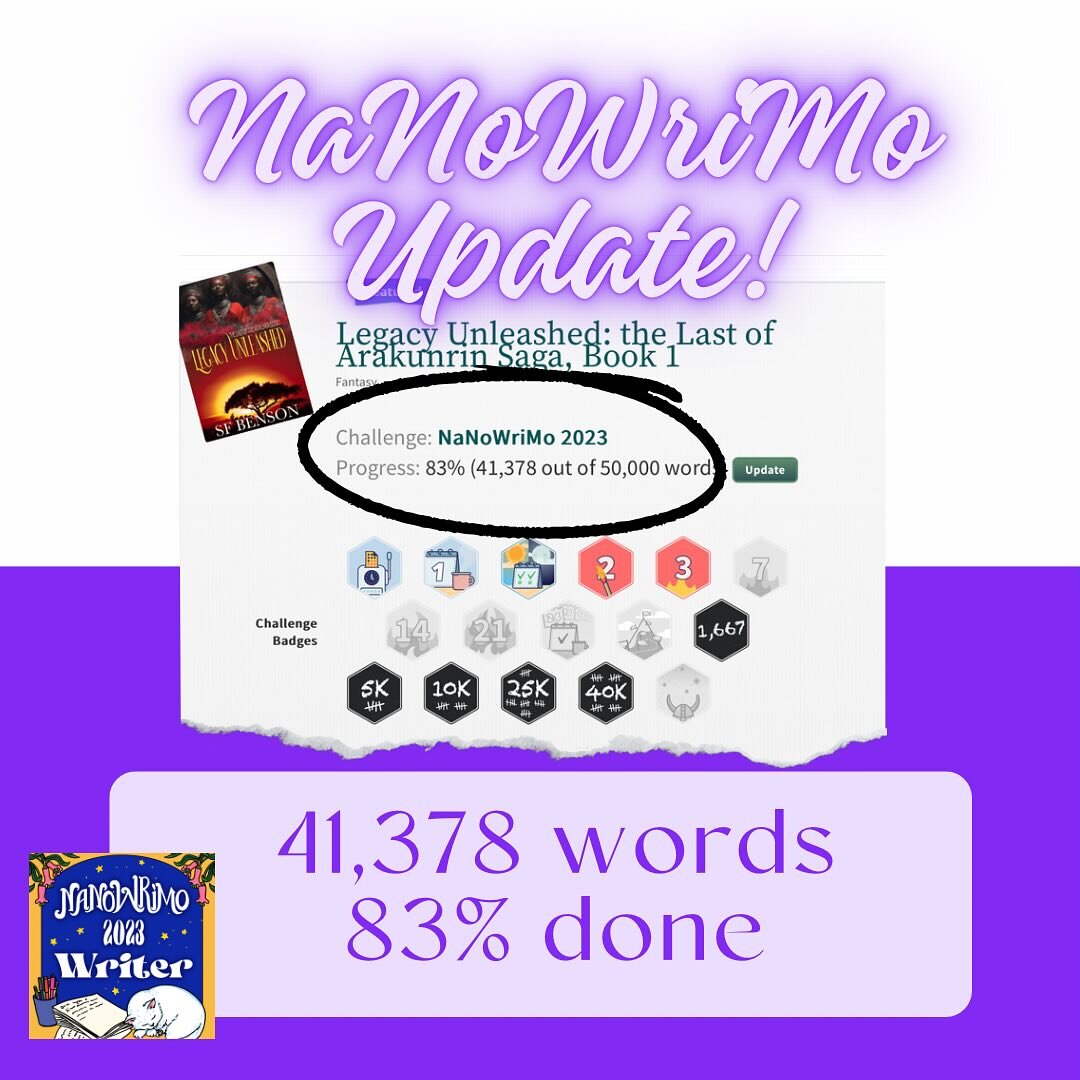 #nanowrimo2023

I&rsquo;m seeing the end of the tunnel! Got a really late start today, but managed to knock out 4,000 words! 

How was your day?