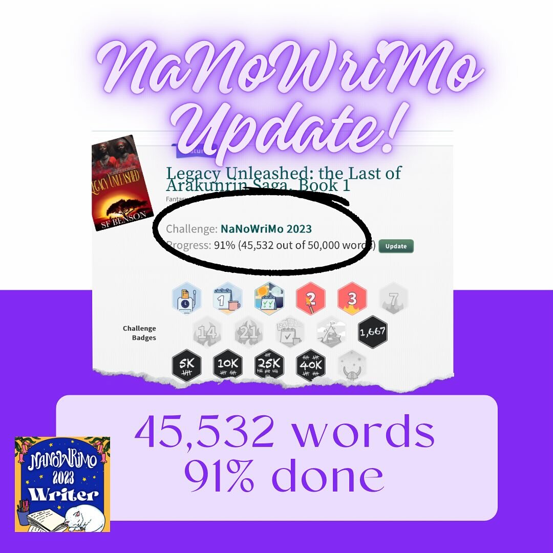 #nanowrimo2023

Looks like I&rsquo;m taking this one right down to the wire. I&rsquo;ve less than 5K to go, which equates to either one long day or two days. We&rsquo;ll see how tomorrow shakes out. My husband and I celebrate our anniversary on Tuesd