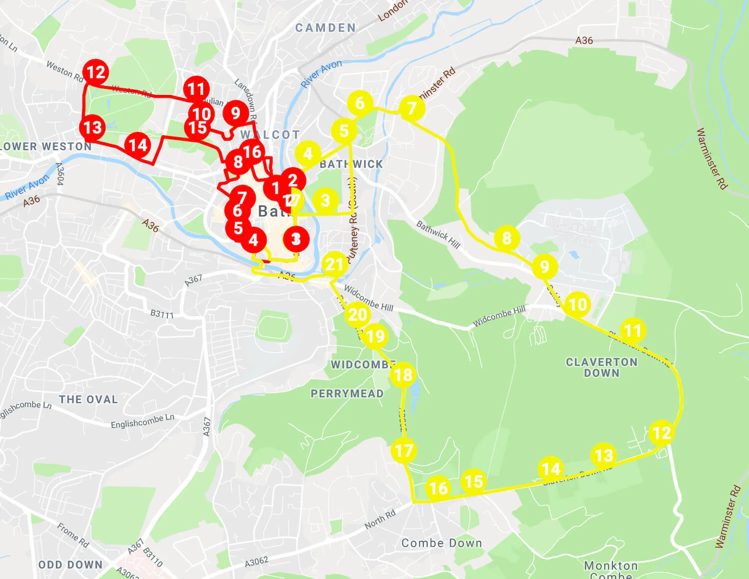 Bath, Somerset - City SightSeeing Open Top Bus Tour - City Route (red) and Skyline Route (yellow)