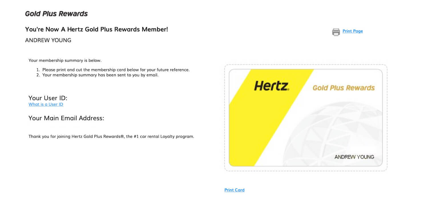 Hertz Gold Plus Rewards Membership Page