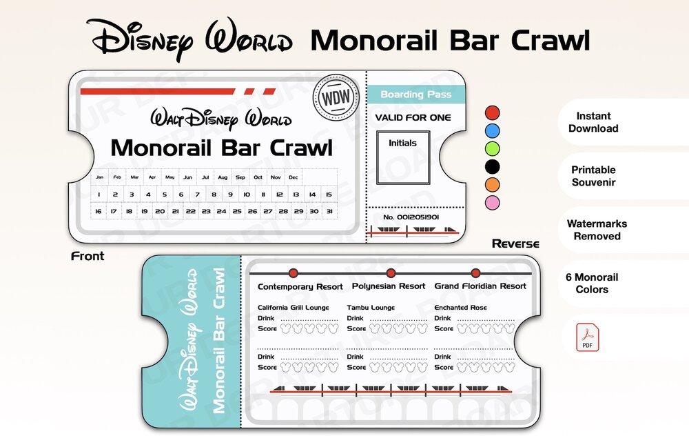 Disney World Monorail Bar Crawl - Souvenir PDF Printable