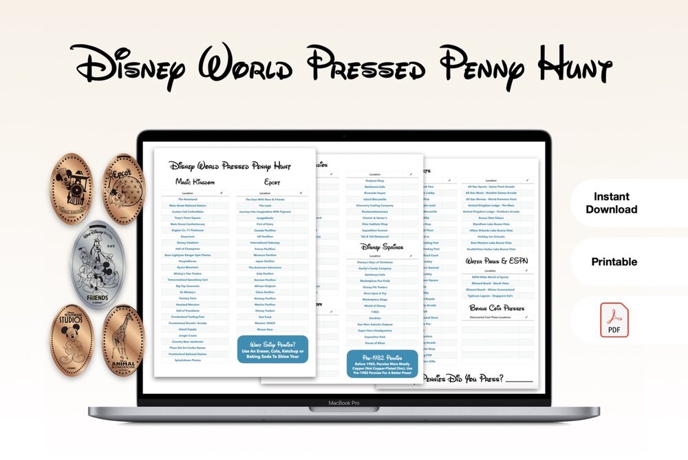 Walt Disney World Pressed Penny Hunt  Souvenir Checklist (2024) - PDF Printable