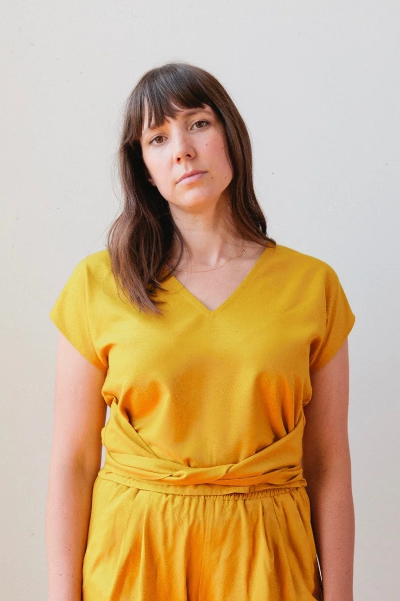 Tie Top and Puff Pants in gold raw silk