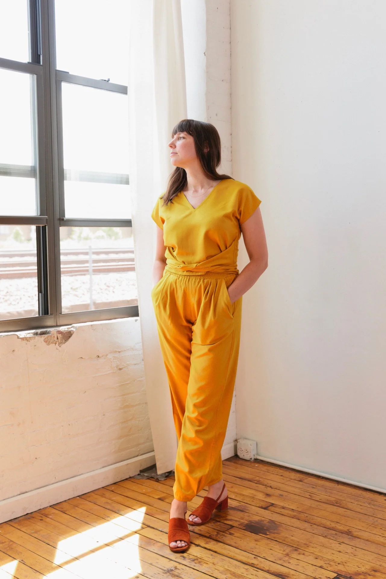 Tie Top and Puff Pants in gold raw silk