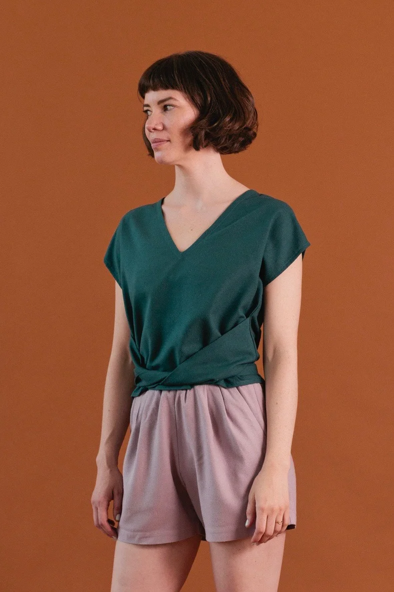 Tie Top and Puff Shorts in teal and lilac raw silk