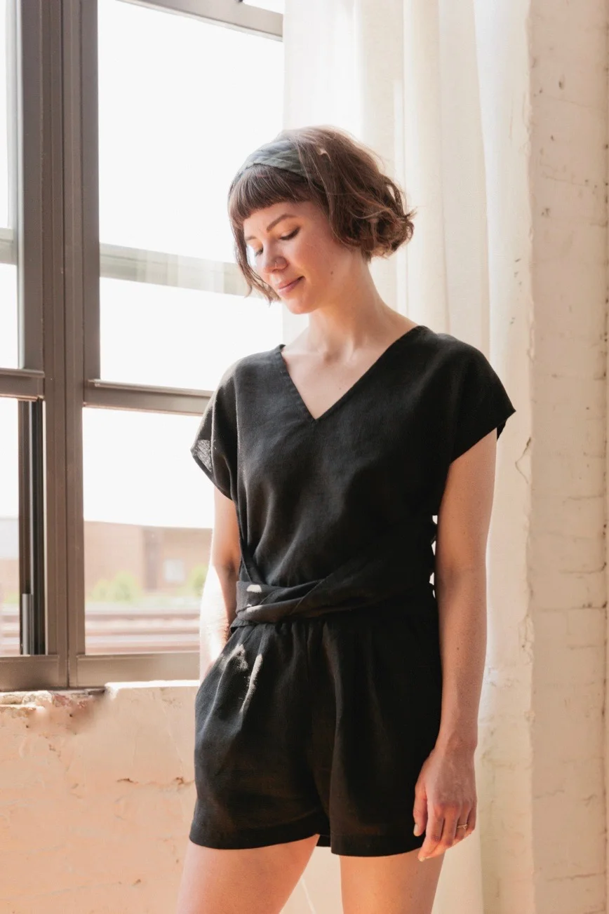 Tie Top and Puff Shorts in black linen