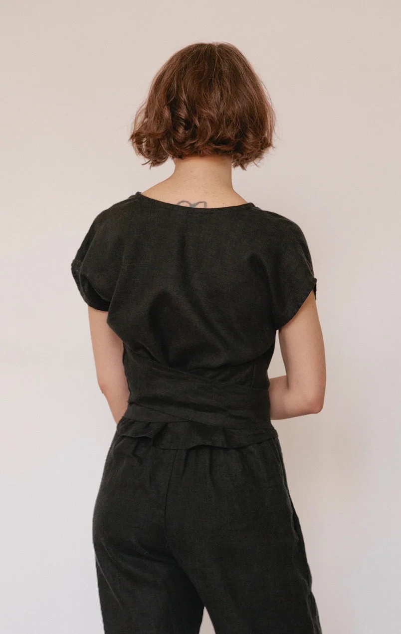 Tie Top and Puff Pants in black linen