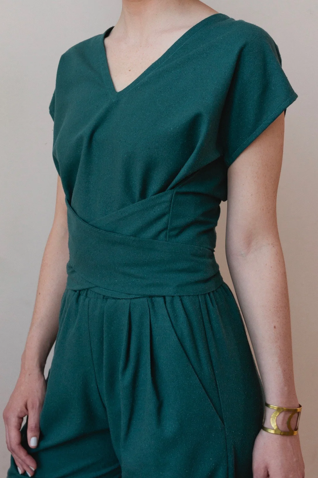 Tie Top and Puff Pants in teal raw silk