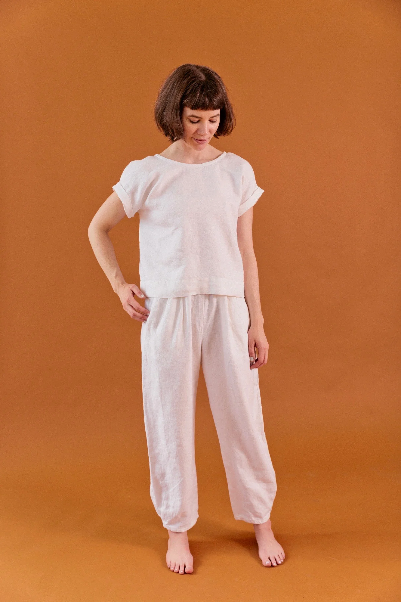 Cuff Tee and Puff Pants in white linen