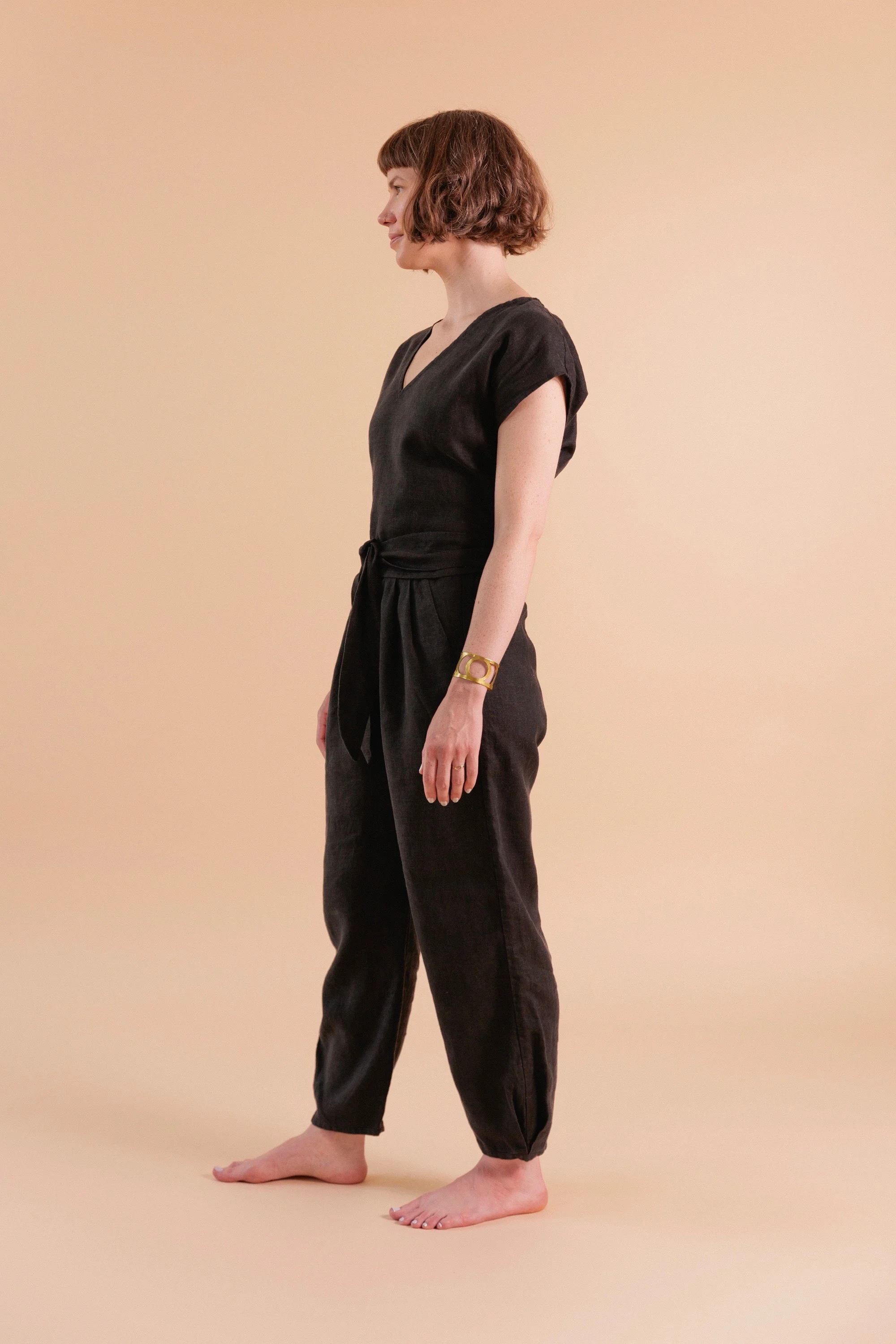 Tie Top and Puff Pants in black linen