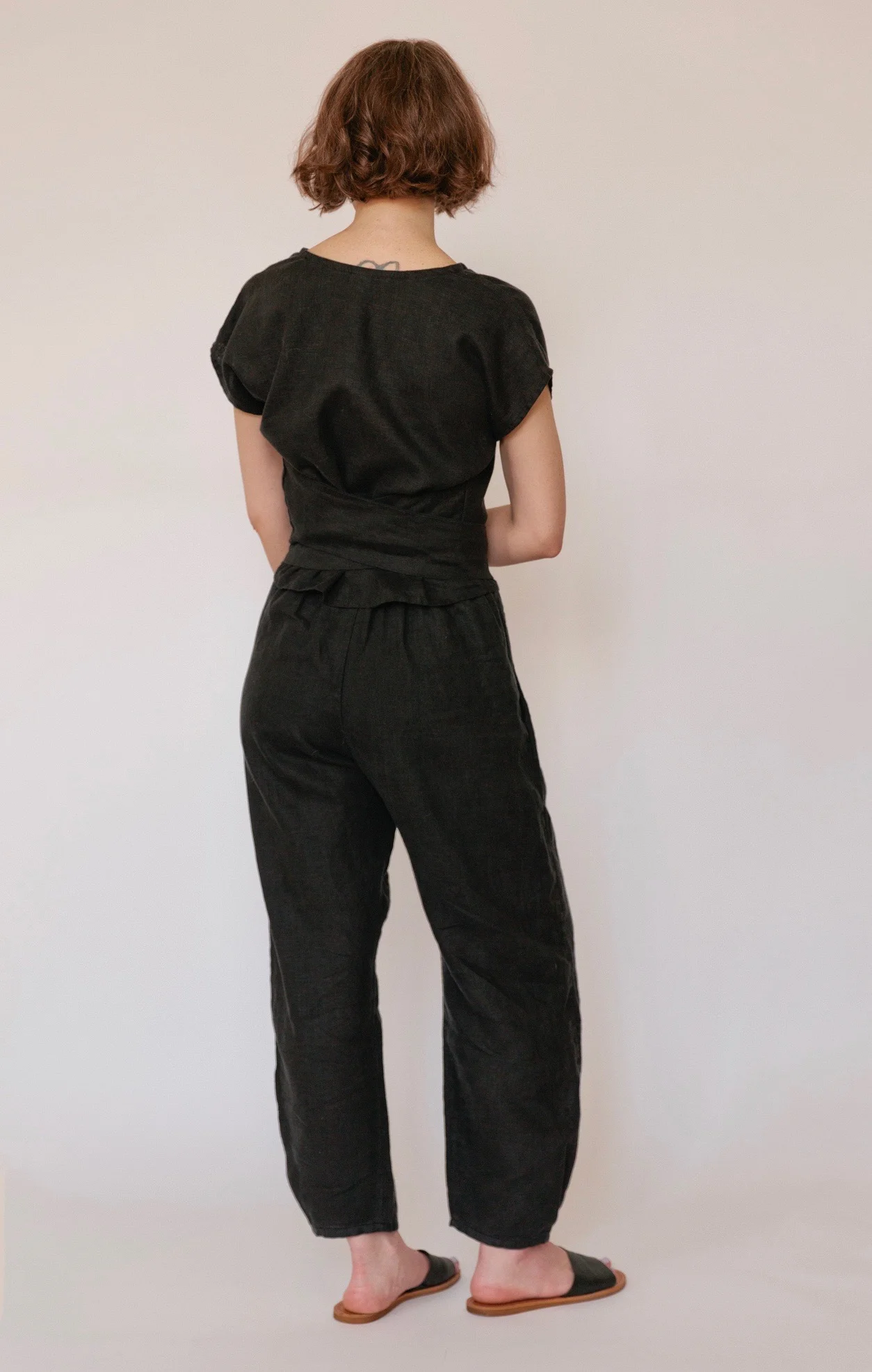 Tie Top and Puff Pants in black linen
