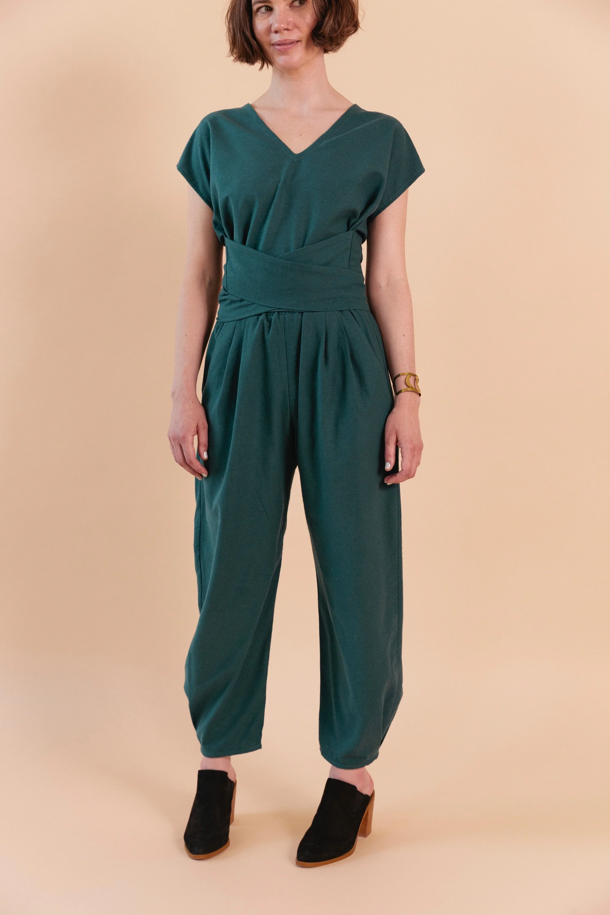 Tie Top and Puff Pants in teal raw silk