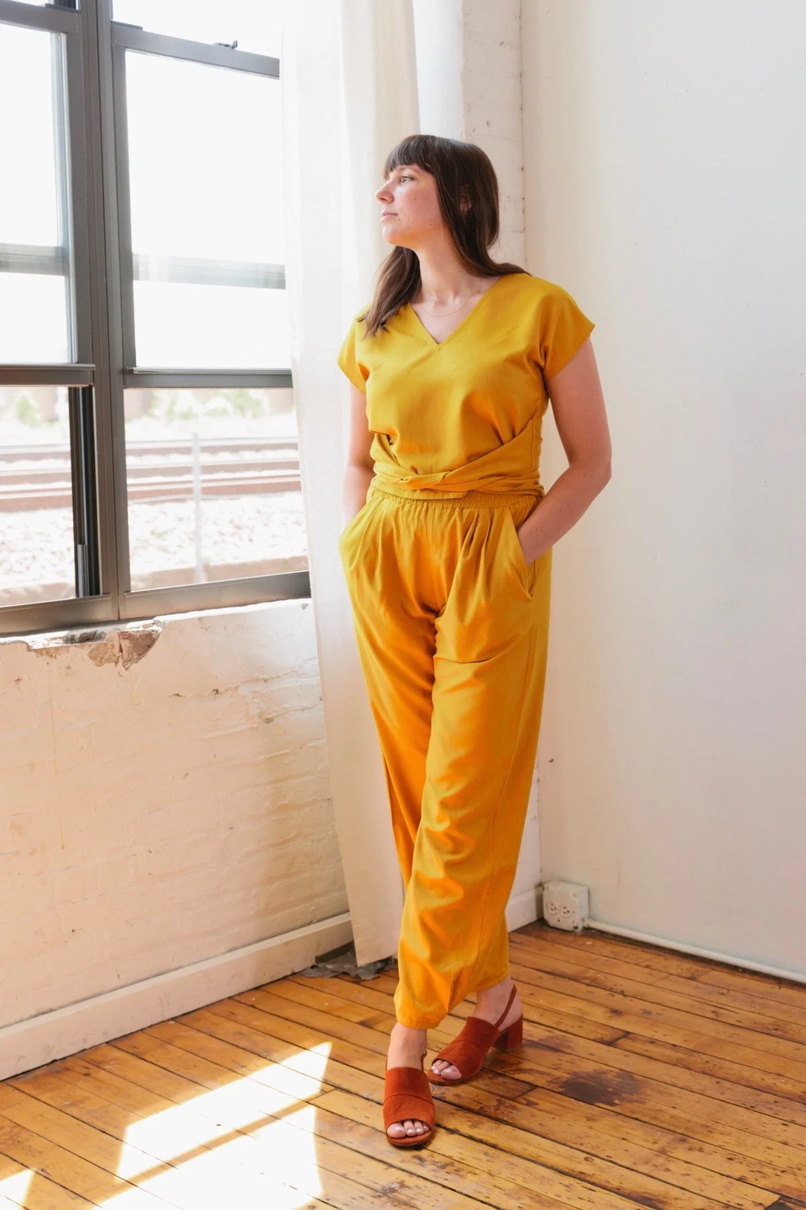 Tie Top and Puff Pants in gold raw silk