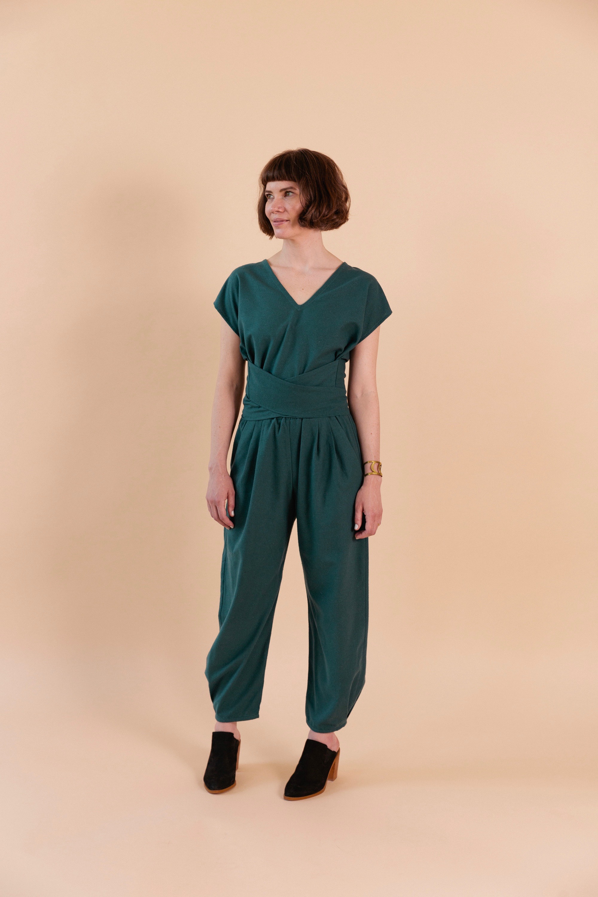 Tie Top and Puff Pants in teal raw silk