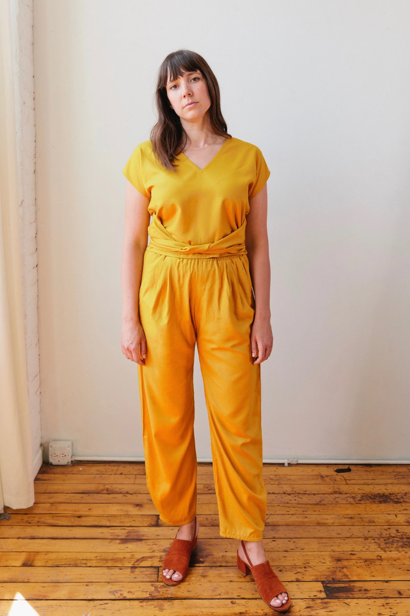 Tie Top and Puff Pants in gold raw silk