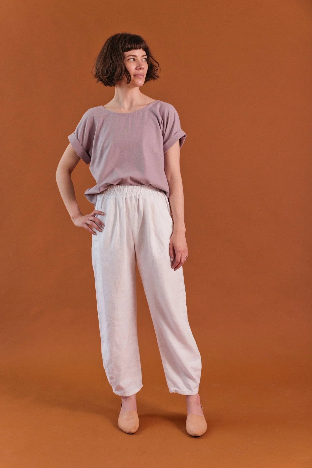 Cuff Tee in lilac raw silk and Puff Pants in white linen