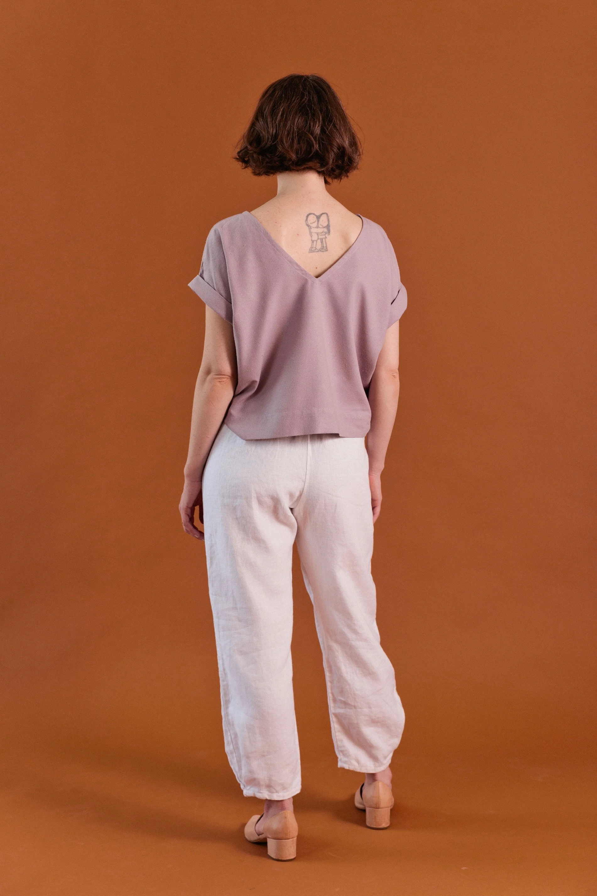 Cuff Tee in lilac raw silk and Puff Pants in white linen