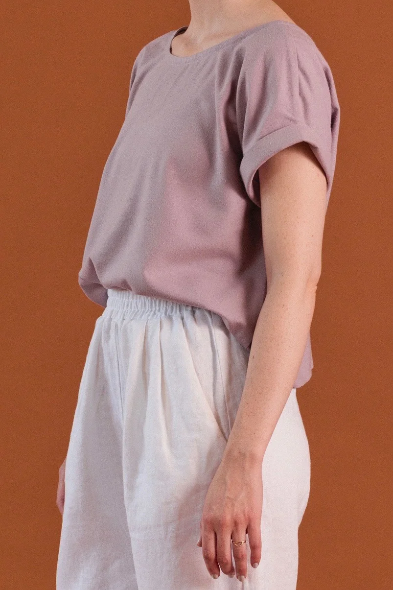 Cuff Tee in lilac raw silk and Puff Pants in white linen