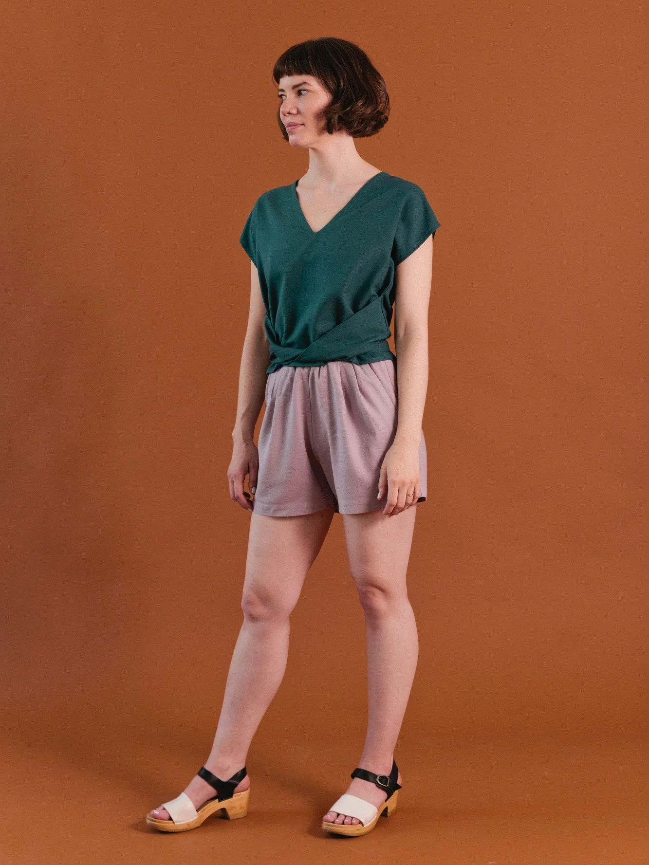 Puff Shorts and Tie Top in lilac and teal raw silk