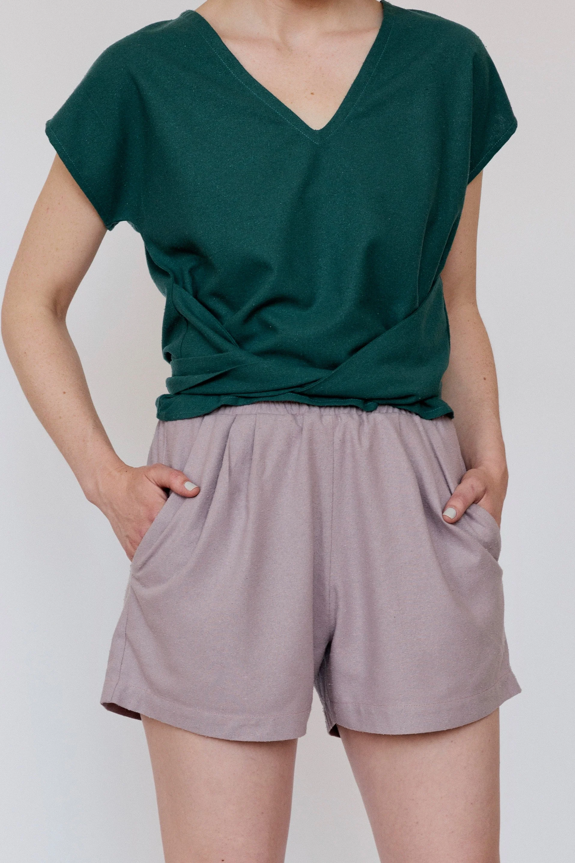 Puff Shorts and Tie Top in lilac and teal raw silk